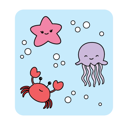 Explications du coloriage coloriage facile kawaii : méduse, crabe et Étoile de mer