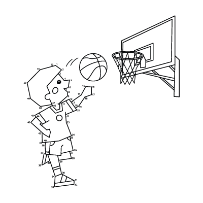 Explications du coloriage coloriage numéros à relier 1 à 52 :  joueur de basket et panier