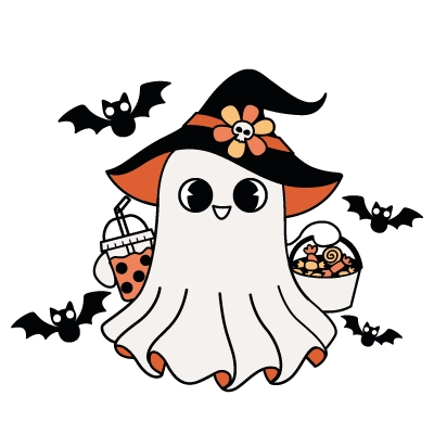Forklaringer om fargelegging kawaii halloween-spøkelse med godteri og bubble tea – fargelegging med tilpassbart navn