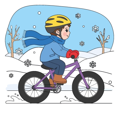 Forklaringer om fargelegging fargelegging gutt på sykkel i snøen om vinteren – med navn