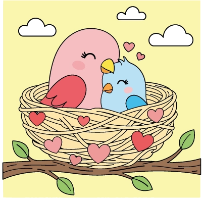 Explicações de desenho desenho para colorir amor entre pássaros no ninho - mamãe e filhote de pássaro para personalizar.