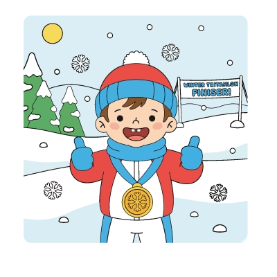 Explicações de desenho desenho para colorir menino campeão de inverno – medalha e decoração nevada para personalizar.