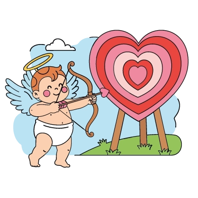 Explicações de desenho coloração de cupido com coração alvo e mensagem personalizável – eu te amo, dia dos namorados ou amizade.