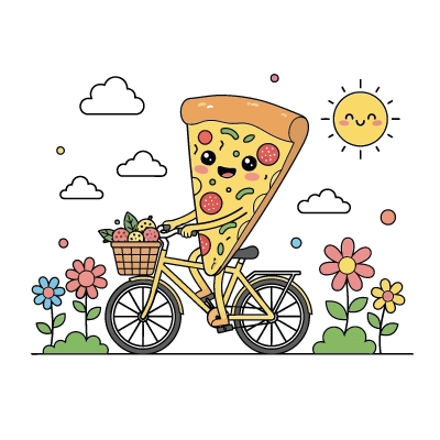 Explications du coloriage coloriage part de pizza à vélo – dessin kawaii gratuit et personnalisable