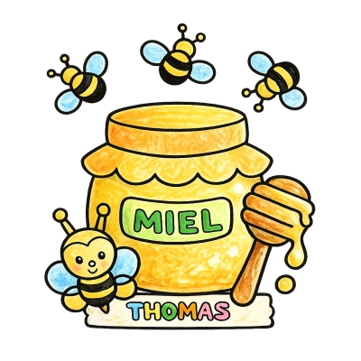 Explications du coloriage coloriage pot de miel avec abeilles – dessin kawaii à imprimer avec prénom personnalisable