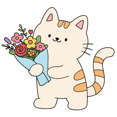 Explications du coloriage coloriage bonne fête chat kawaii avec bouquet de fleurs et prénom personnalisable à imprimer