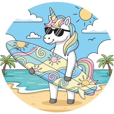 Explications du coloriage coloriage licorne surfeuse avec prénom ou message personnalisable