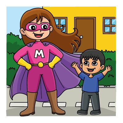 Explicações de desenho colorir super mamãe heroína com criança e nome personalizável