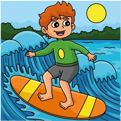 Explications du coloriage coloriage garçon faisant du surf sur une vague avec prénom personnalisable