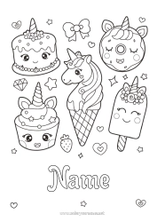 Coloriage personnalisable Gâteau Kawaii Licorne Donuts Gourmandises, sucreries Glace Cupcake Dragons, licornes et animaux fantastiques