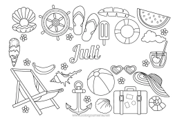 Pagină de colorat personalizabilă Vacanțe Vara Fructe Dulciuri, bunătăți Înghețată Papuci Ancora marină Colac Cocktail Pepene verde Banana șezlong Valize și bagaje Ochelari de soare