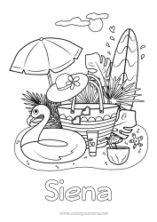 Coloriage personnalisable Été Plage Chapeau Symboles Surf Hibiscus Parasol Bouée Cocktail Sports nautiques