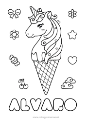Anpassbare Malvorlage Kawaii Einhorn Tier Leckereien, Süßigkeiten Eis Mittelstufenmalvorlagen Drachen, Einhörner und fantastische Tiere