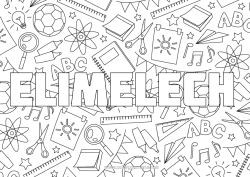 Customizable coloring page Decorated name School Games and toys Back to School School supplies Magnifying glass Scissors Decorative background