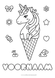 Pagina da colorare personalizzabile Kawaii Unicorno Animale Dolci, zuccherini Gelato Disegni intermedi Draghi, unicorni e animali fantastici