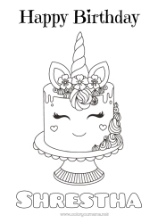 Página de desenho personalizável Bolo Aniversário Kawaii Unicórnio Animal Feliz aniversário (francês) Mensagem Dragões, unicórnios e animais fantásticos