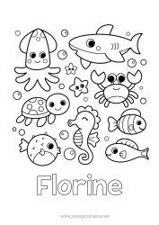 Página de desenho personalizável Kawaii Tartaruga águas-vivas Mar Animal Peixe Cavalo-marinho Caranguejo Conchas Tubarão Estrela do mar Animais marinhos ou aquáticos Répteis Polvo, Lula Tartaruga marinha
