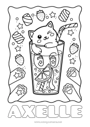 Página de desenho personalizável Doces Gato Kawaii Frutas Bebida Guloseimas, doces Morango Cães e gatos Limão Marshmallows, marshmallows