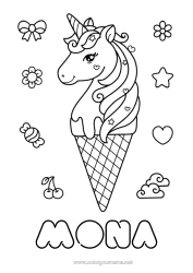 Coloriage personnalisable Kawaii Licorne Animal Gourmandises, sucreries Glace Coloriages intermédiaires Dragons, licornes et animaux fantastiques