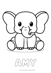 Aanpasbare kleurplaat Kawaii Olifant Dier Eenvoudige kleurplaten Wilde dieren van Afrika