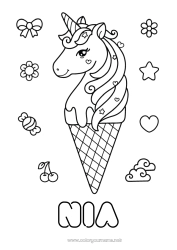 Customizable coloring page Kawaii Unicorn Animal Treats Ice cream Intermediate coloring pages Dragons, unicorns and fantastic animals