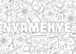 Customizable coloring page Decorated name School Games and toys Back to School School supplies Magnifying glass Scissors Decorative background