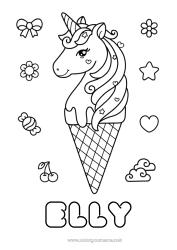 Página de desenho personalizável Kawaii Unicórnio Animal Guloseimas, doces Sorvete Colorações Intermediárias Dragões, unicórnios e animais fantásticos