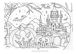 Pagina da colorare personalizzabile Pipistrello Cimitero Zucca Halloween Jack O'Lantern Zentangle Uccelli e mammiferi volanti Maniero infestato Ragnatela