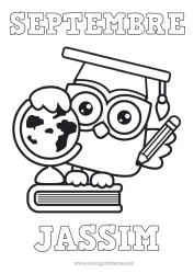Coloriage personnalisable Chouette, Hibou École Livre Oiseaux et mammifères volants Lecture Crayon Globe terrestre Rentrée scolaire Toque d'étudiant Fournitures scolaires