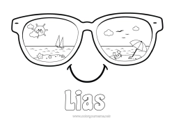 Página de desenho personalizável Verão Sol Praia Desenhos para colorir fáceis Guarda-sol Óculos Smiley Óculos de sol