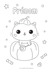 Aanpasbare kleurplaat Snoepjes Pompoen Snoep of een spreuk? Schattig Kat Kawaii Dier Honden en katten