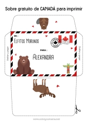 Pagină de colorat personalizabilă Urs Animal Plic Canada Țară Animale din pădure Castor Plic de imprimat Călătoria elfului de Crăciun Totem Plic pentru scrisoarea lui Moș Crăciun