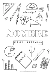 Página de desenho personalizável Lápis Volta às Aulas Materiais Escolares Esquadro Calculadora Matemática Formas geométricas Compasso Capas de Caderno