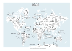 Página de desenho personalizável Animal Geografia Mapa do Mundo Viagem do Elfo de Natal Mapa Volta ao Mundo dos Duendes