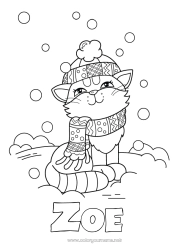Página de desenho personalizável Fofo Gato Neve Inverno Animal Cães e gatos Gorro de Inverno