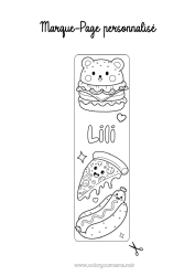 Coloriage personnalisable Kawaii Nourriture Marque page Hamburger Pizza Hot dog