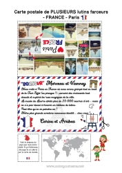 Pagina da colorare personalizzabile Francia Parigi Viaggio dell'elfo di Natale Cartolina Cartolina di vari elfi Diversi elfi birichini