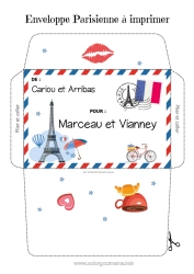 Pagina da colorare personalizzabile Cuore Busta Francia Paesi Parigi Busta da stampare Viaggio dell'elfo di Natale Busta per la corrispondenza dell'elfo di Natale