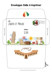 Página de desenho personalizável Envelope Itália País Envelope para imprimir Viagem do Elfo de Natal Envelope para correspondência do duende de Natal