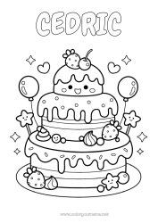 Pagina da colorare personalizzabile Torta Kawaii Ciliegia Frutta Fragola