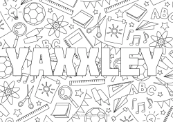 Customizable coloring page Decorated name School Games and toys Back to School School supplies Magnifying glass Scissors Decorative background