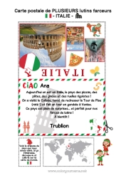 Pagina da colorare personalizzabile Italia Viaggio dell'elfo di Natale Cartolina Cartolina di vari elfi