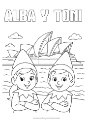 Colorear personalizable Elfos de navidad Dibujos de Elfos para colorear Australia Viaje del duende navideño Varios duendes traviesos 🇪🇸 Duendes de Navidad Viajeros