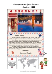 Pagina da colorare personalizzabile Londra Regno Unito Viaggio dell'elfo di Natale Cartolina Cartolina di vari elfi Diversi elfi birichini