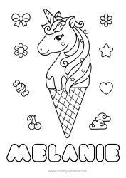Página de desenho personalizável Kawaii Unicórnio Animal Guloseimas, doces Sorvete Colorações Intermediárias Dragões, unicórnios e animais fantásticos