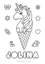 Página de desenho personalizável Kawaii Unicórnio Animal Guloseimas, doces Sorvete Colorações Intermediárias Dragões, unicórnios e animais fantásticos