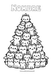 Coloriage personnalisable Chat Sapin de Noël Kawaii Animal Chiens et chats Sapin