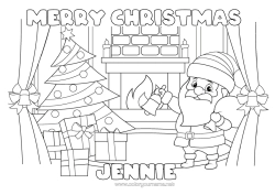 Página de desenho personalizável Pai Natal Natal Decorações de Natal Lareira Mensagem de