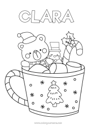Página de desenho personalizável Boneco de neve Caneca Bengala de Natal Azevinho Filhote de urso Bebida Guloseimas, doces Animais da floresta Jogos e brinquedos Árvore de Natal Marshmallows, marshmallows Pelúcia
