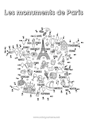 Colorear personalizable Actividades para niños Geografía Francia País Torre Eiffel Arco del Triunfo Monument Mapa del pais Une los Números
